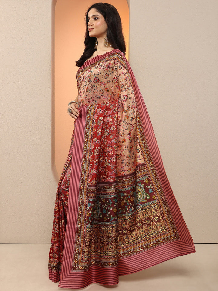 Peach Printed Silk Blend Saree With Unstitched Blouse Piece
