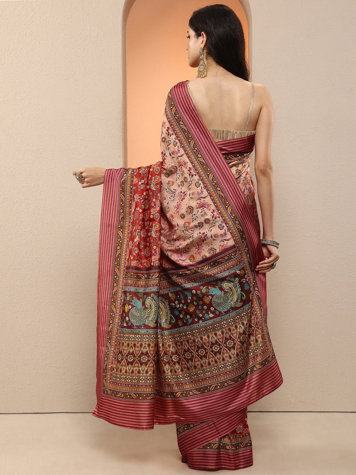 Peach Printed Silk Blend Saree With Unstitched Blouse Piece