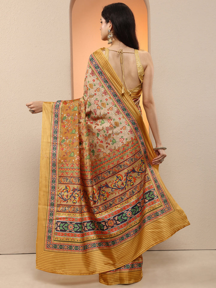Mustard Printed Silk Blend Saree With Unstitched Blouse Piece