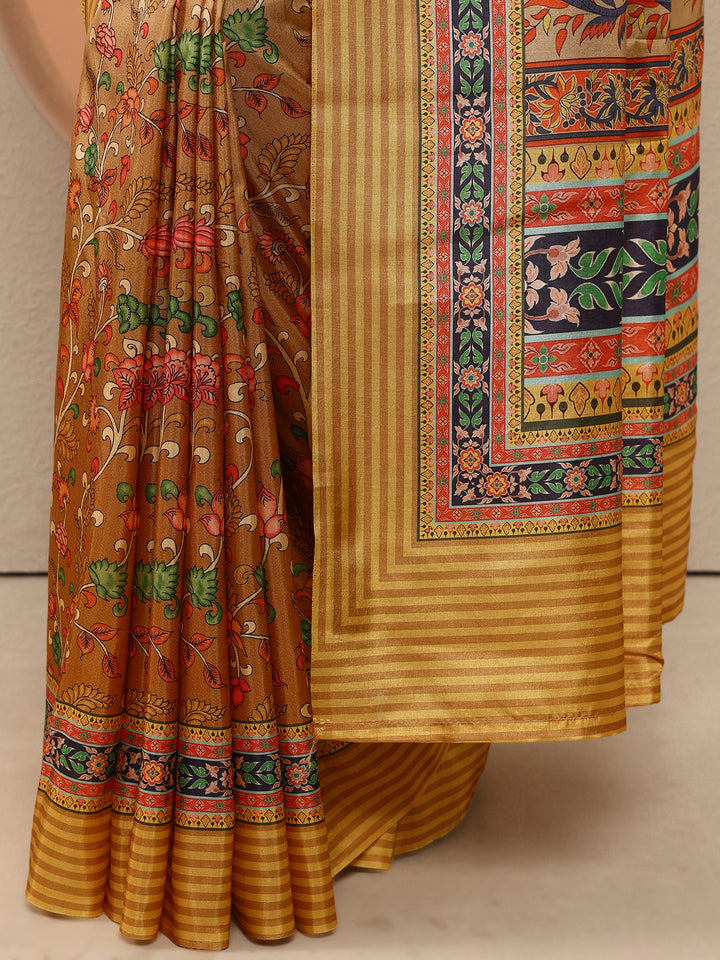 Mustard Printed Silk Blend Saree With Unstitched Blouse Piece