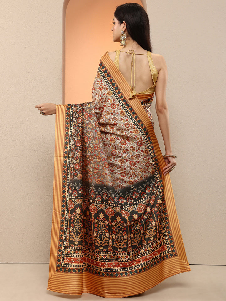 Grey Printed Silk Blend Saree With Unstitched Blouse Piece