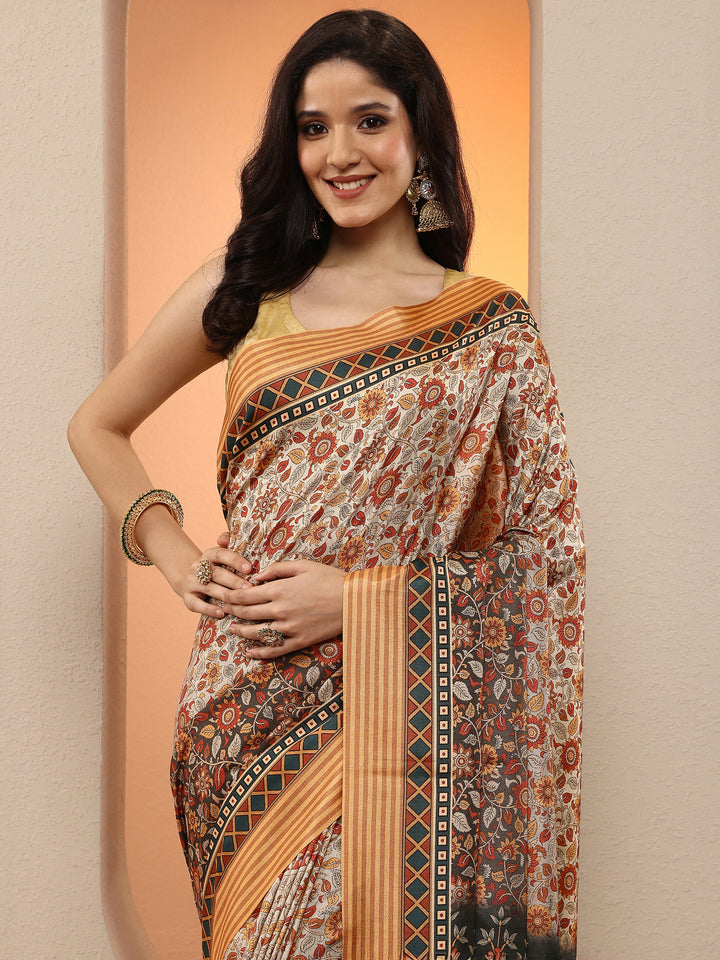 Grey Printed Silk Blend Saree With Unstitched Blouse Piece