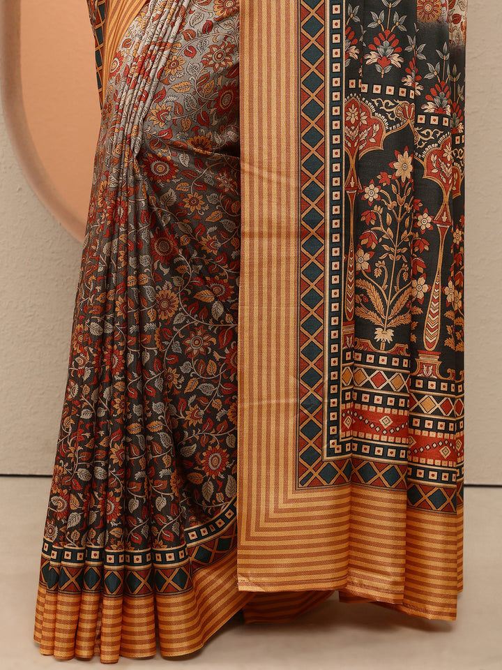 Grey Printed Silk Blend Saree With Unstitched Blouse Piece
