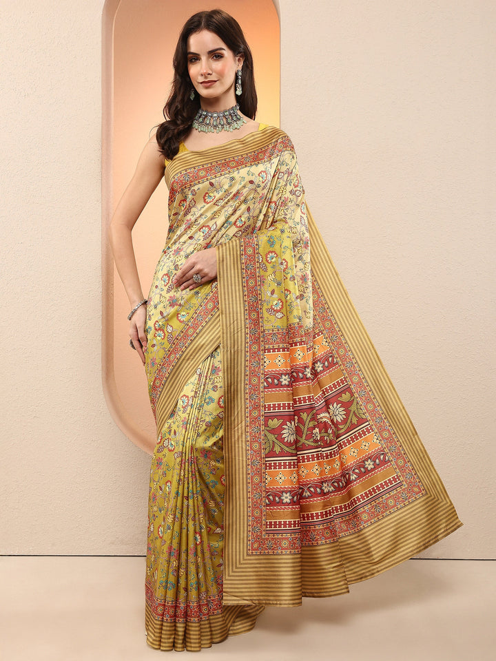 Green Printed Silk Blend Sarees With Unstitched Blouse Piece