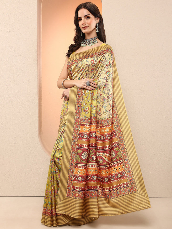 Green Printed Silk Blend Sarees With Unstitched Blouse Piece