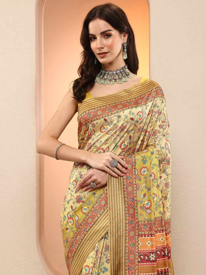 Green Printed Silk Blend Sarees With Unstitched Blouse Piece