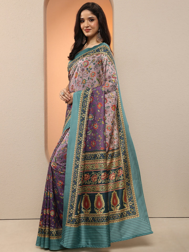 Purple Printed Silk Blend Saree With Unstitched Blouse Piece