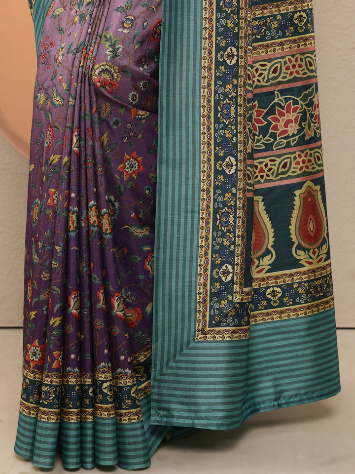 Purple Printed Silk Blend Saree With Unstitched Blouse Piece