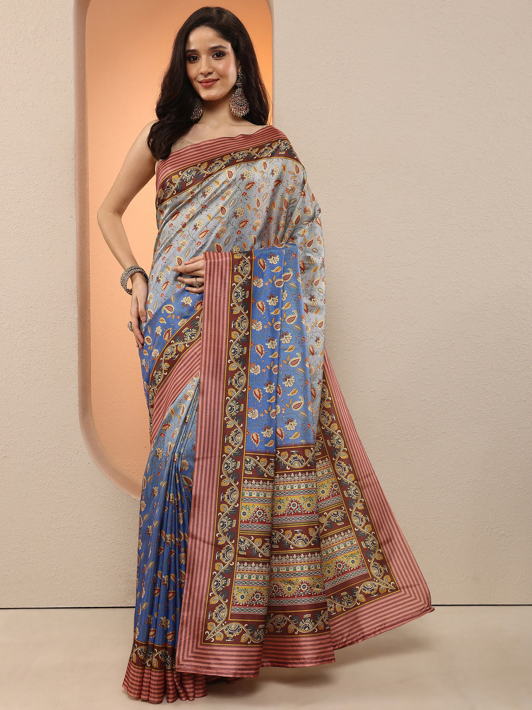 Blue Printed Silk Blend Saree With Unstitched Blouse Piece