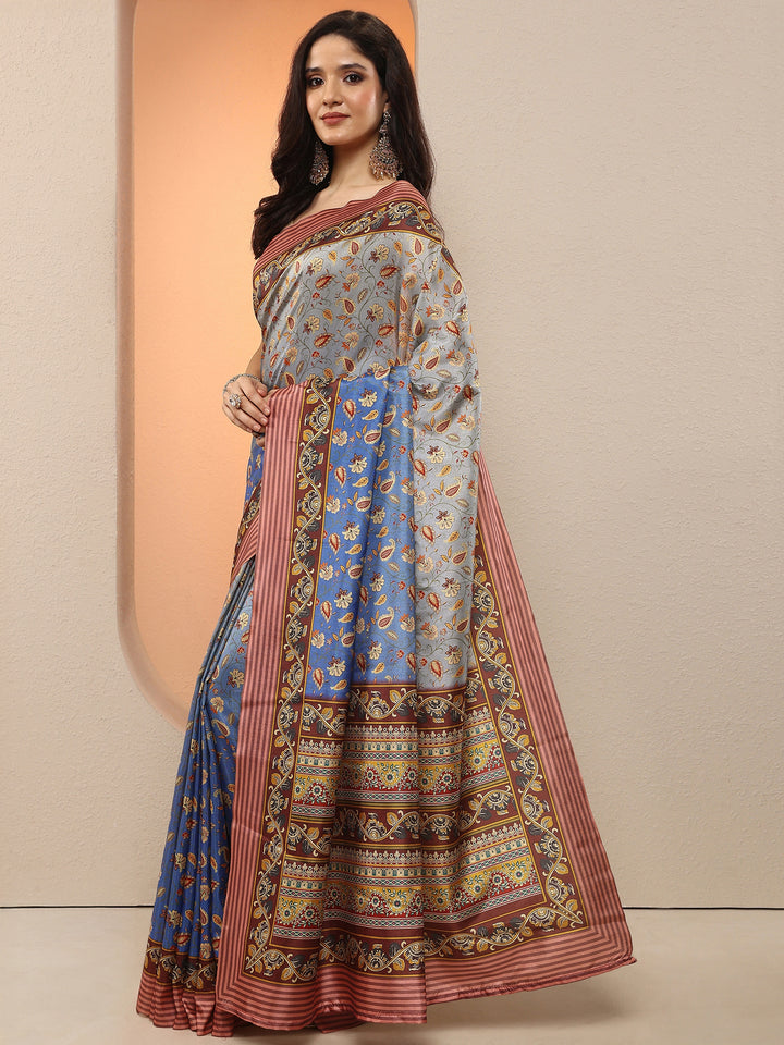 Blue Printed Silk Blend Saree With Unstitched Blouse Piece