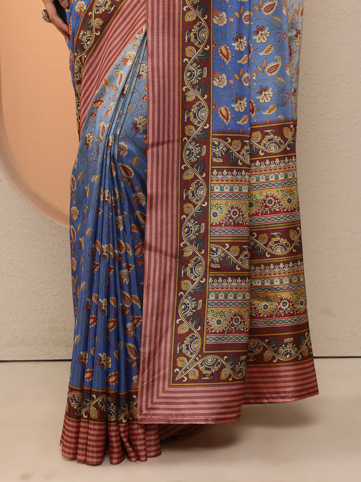 Blue Printed Silk Blend Saree With Unstitched Blouse Piece