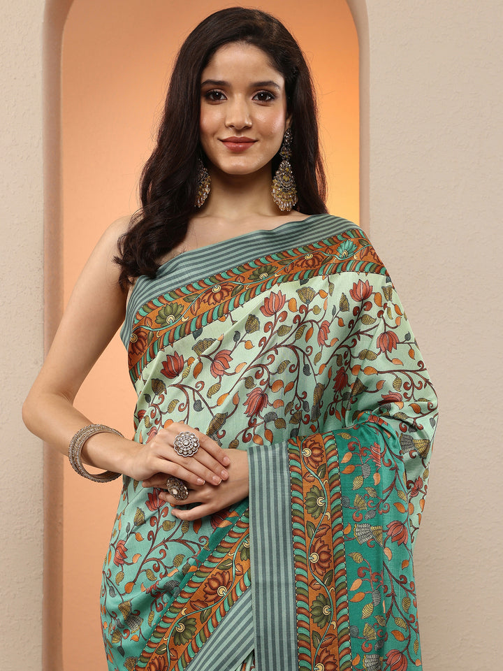 Green Printed Silk Blend Saree With Unstitched Blouse Piece