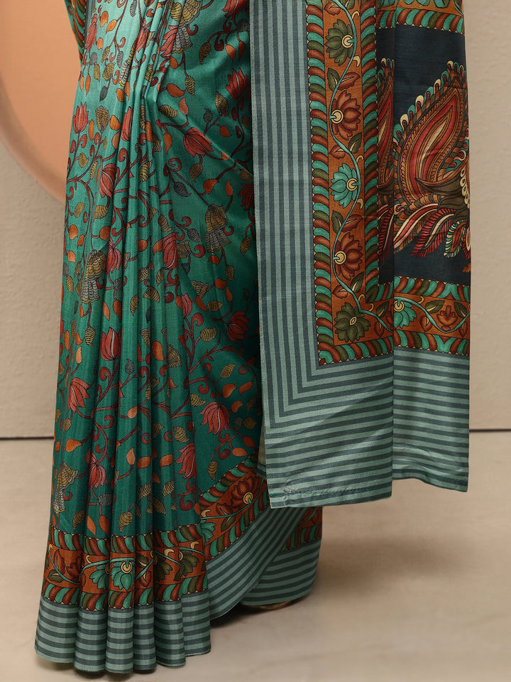 Green Printed Silk Blend Saree With Unstitched Blouse Piece