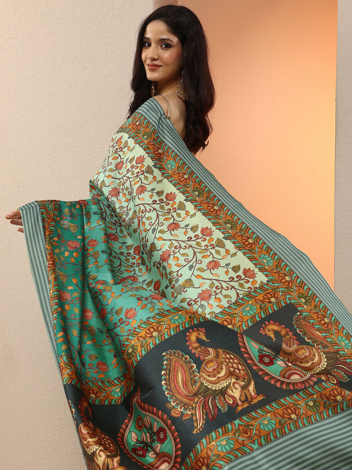 Green Printed Silk Blend Saree With Unstitched Blouse Piece