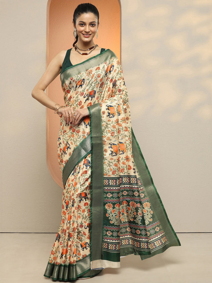 Beige Printed Silk Blend Saree With Unstitched Blouse Piece