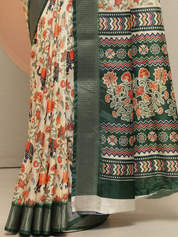 Beige Printed Silk Blend Saree With Unstitched Blouse Piece