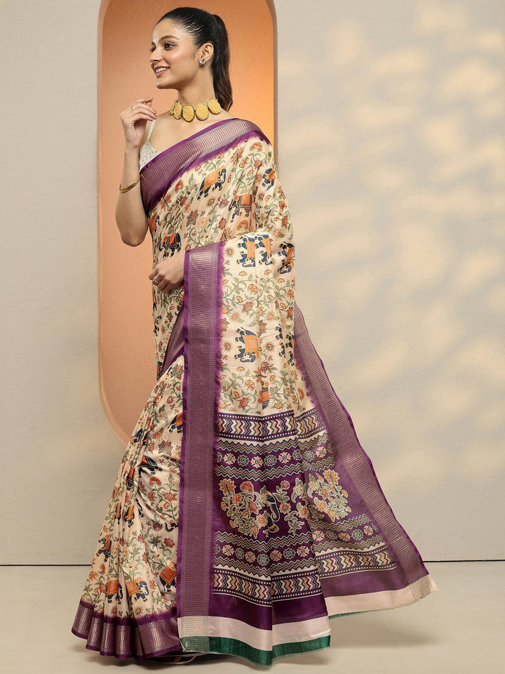 Beige Printed Silk Blend Saree With Unstitched Blouse Piece