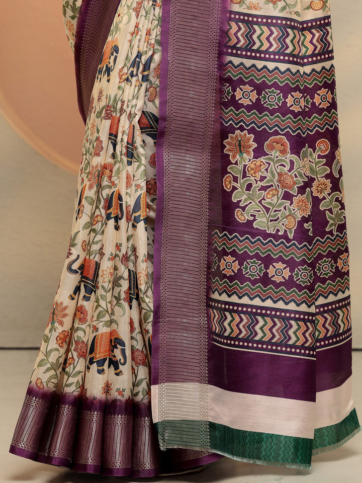 Beige Printed Silk Blend Saree With Unstitched Blouse Piece