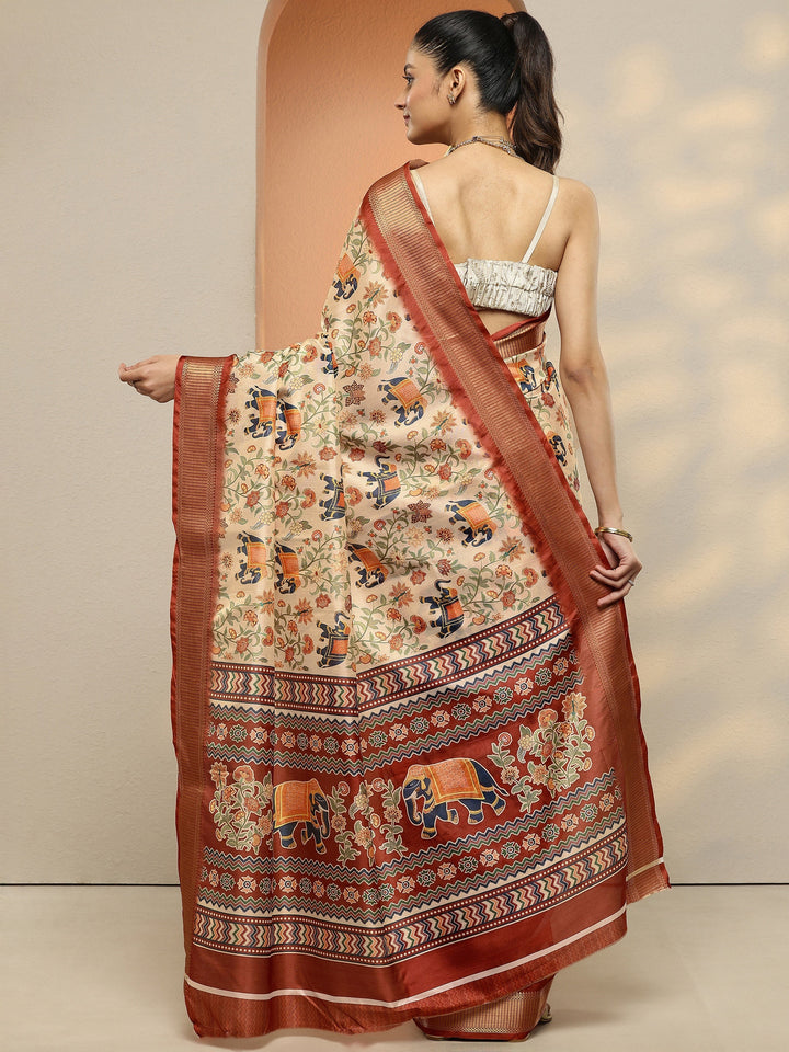 Beige Printed Silk Blend Saree With Unstitched Blouse Piece