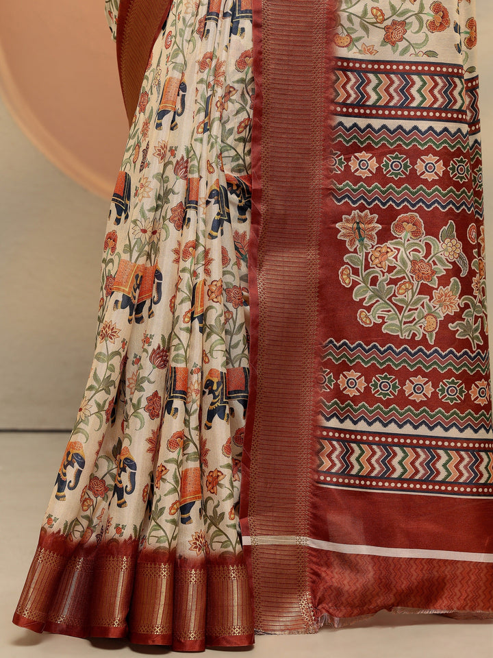 Beige Printed Silk Blend Saree With Unstitched Blouse Piece