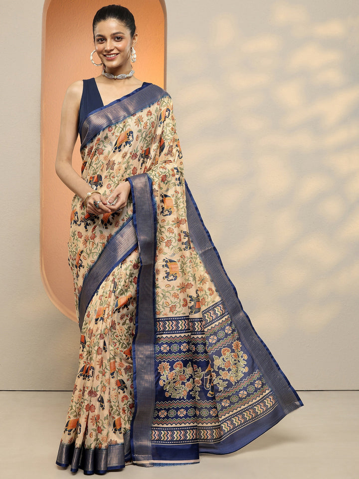 Beige Printed Silk Blend Saree With Unstitched Blouse Piece