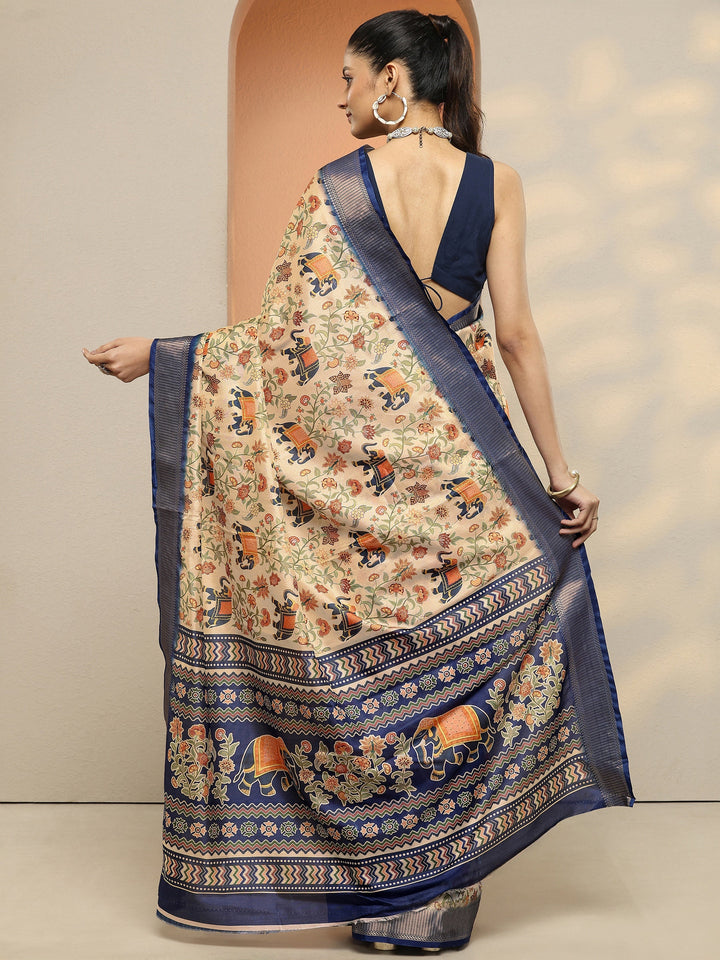 Beige Printed Silk Blend Saree With Unstitched Blouse Piece