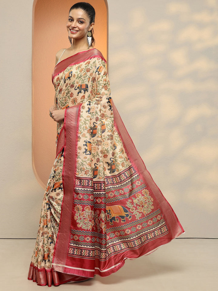 Beige Printed Silk Blend Saree With Unstitched Blouse Piece