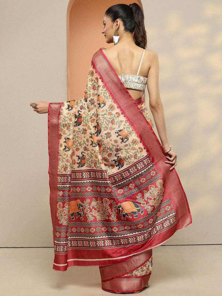 Beige Printed Silk Blend Saree With Unstitched Blouse Piece
