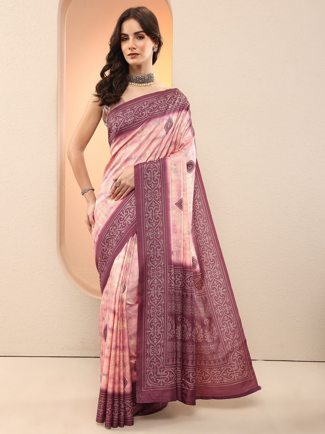 Mauve Printed Silk Blend Sarees With Unstitched Blouse Piece