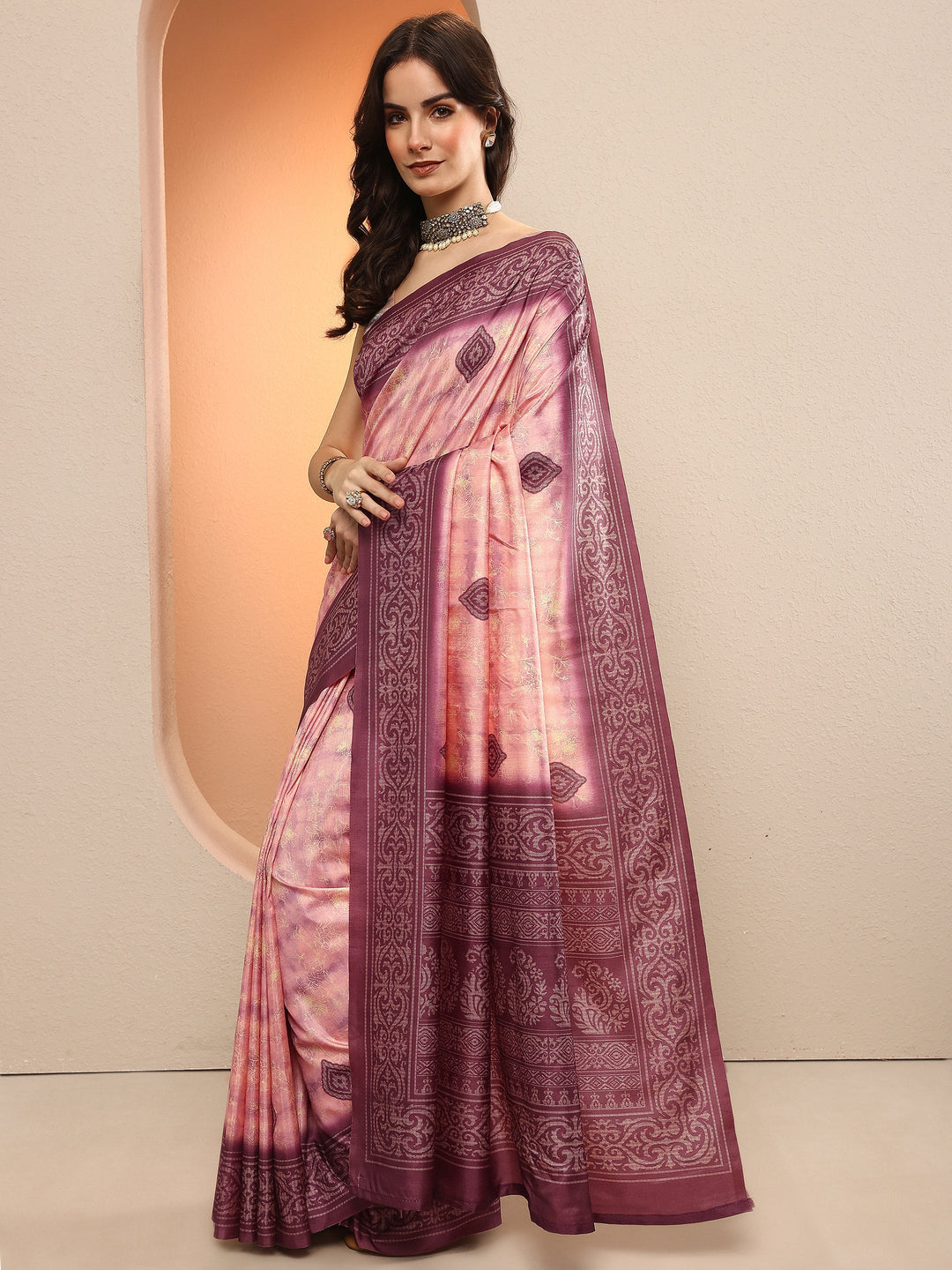Mauve Printed Silk Blend Sarees With Unstitched Blouse Piece
