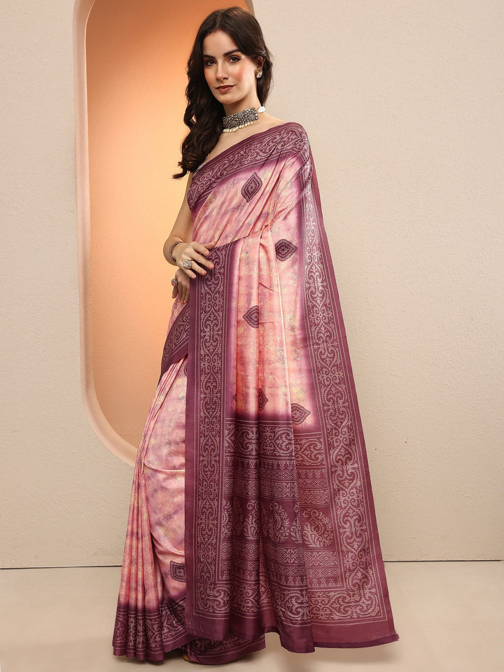 Mauve Printed Silk Blend Sarees With Unstitched Blouse Piece