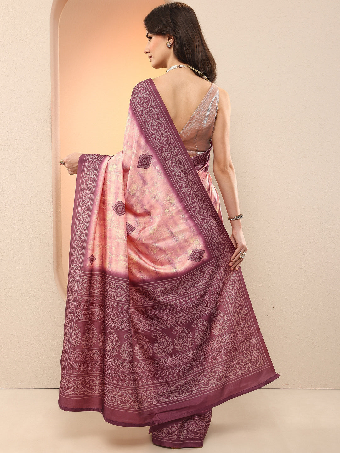 Mauve Printed Silk Blend Sarees With Unstitched Blouse Piece
