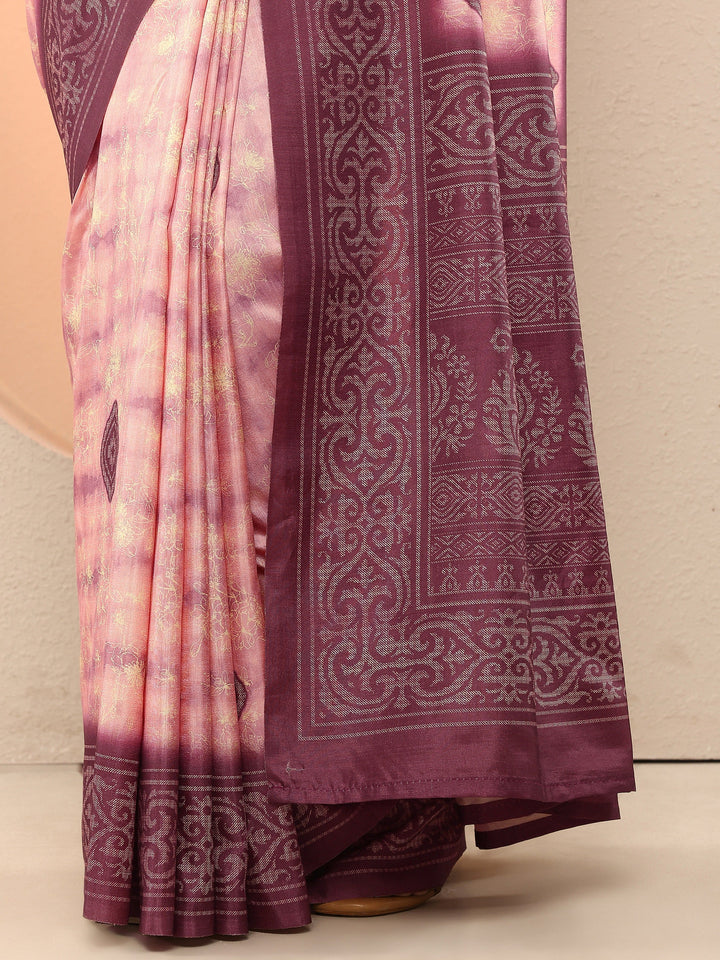Mauve Printed Silk Blend Sarees With Unstitched Blouse Piece
