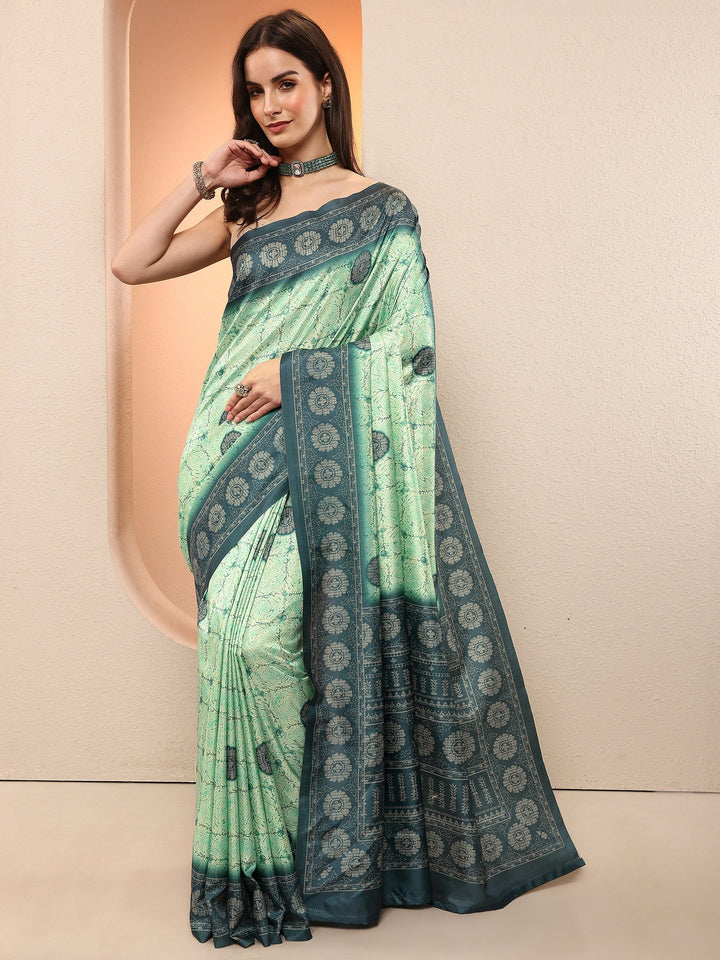 Green Printed Silk Blend Sarees With Unstitched Blouse Piece