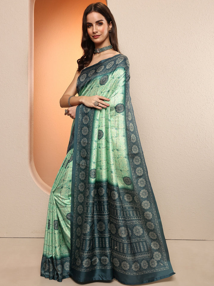 Green Printed Silk Blend Sarees With Unstitched Blouse Piece