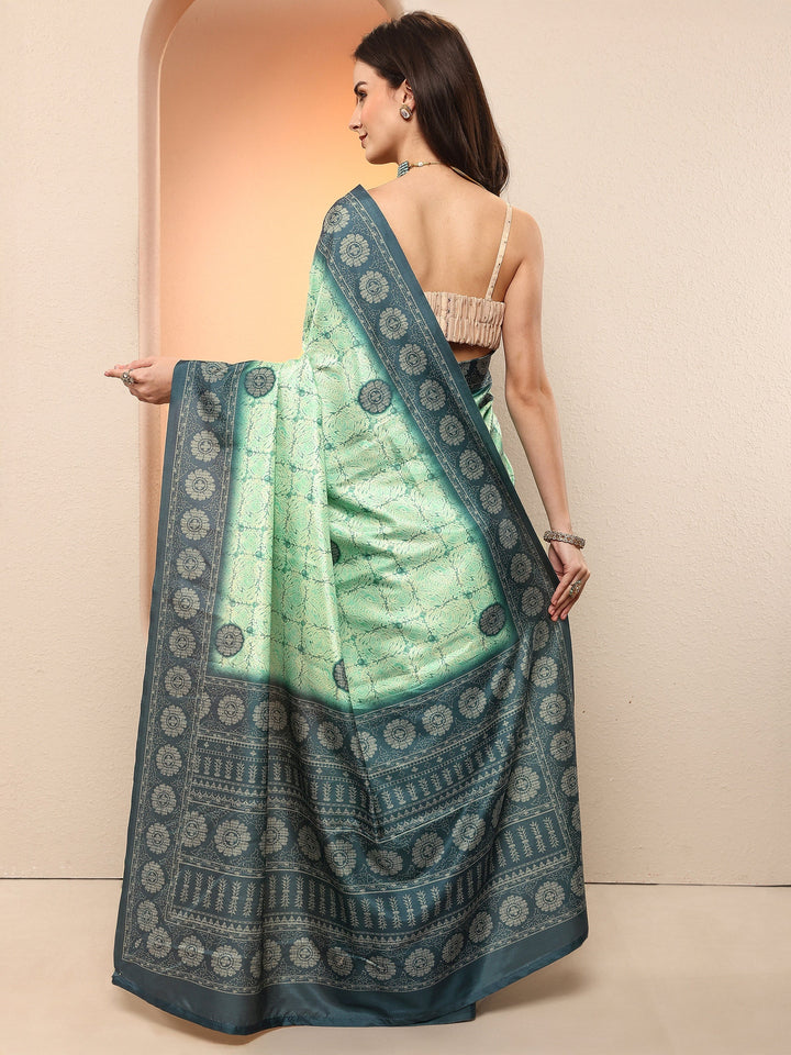 Green Printed Silk Blend Sarees With Unstitched Blouse Piece