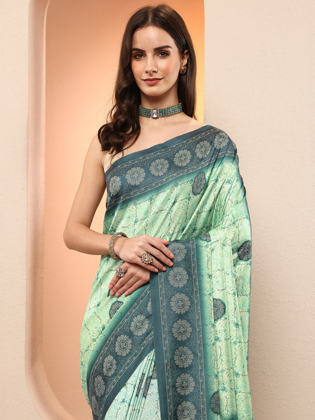 Green Printed Silk Blend Sarees With Unstitched Blouse Piece