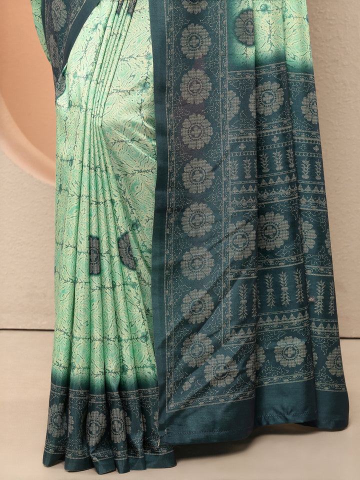 Green Printed Silk Blend Sarees With Unstitched Blouse Piece