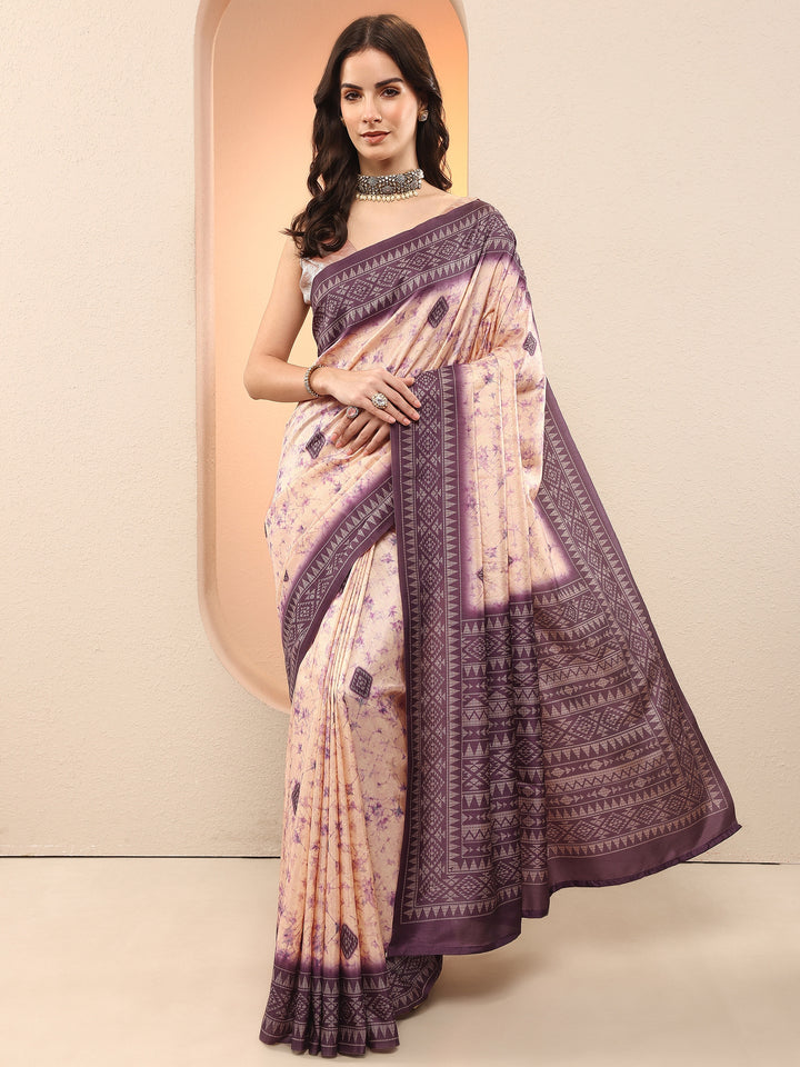 Purple Printed Silk Blend Sarees With Unstitched Blouse Piece