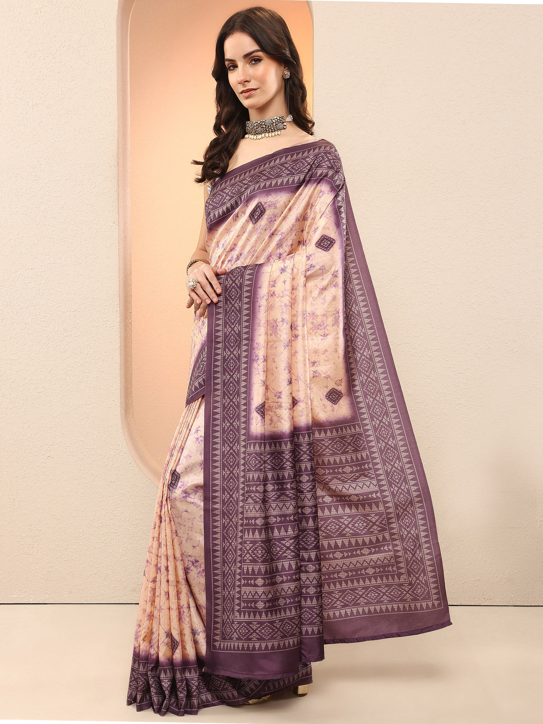 Purple Printed Silk Blend Sarees With Unstitched Blouse Piece