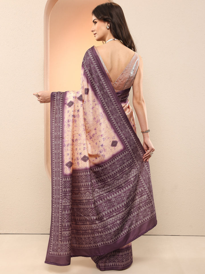 Purple Printed Silk Blend Sarees With Unstitched Blouse Piece