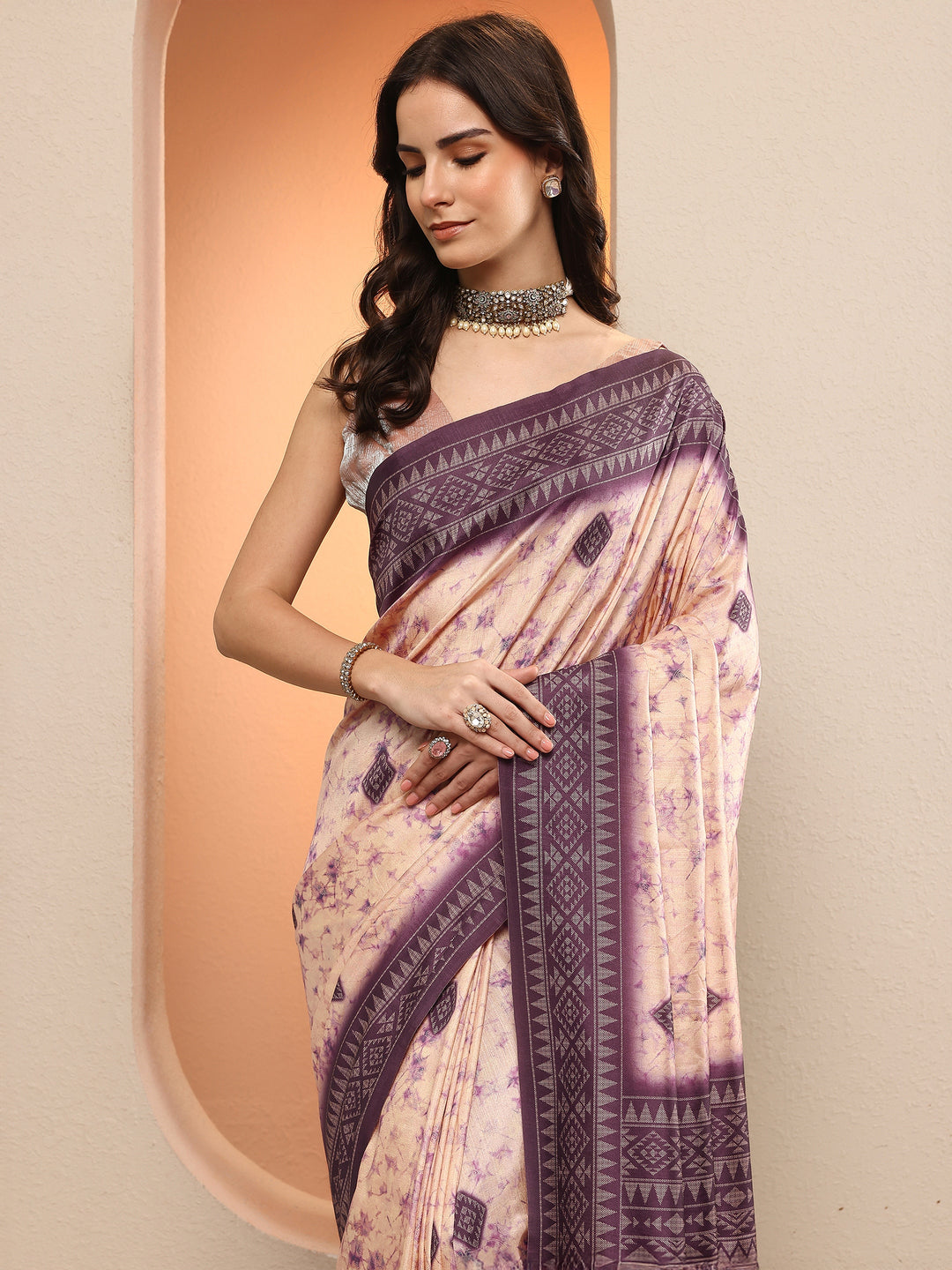 Purple Printed Silk Blend Sarees With Unstitched Blouse Piece