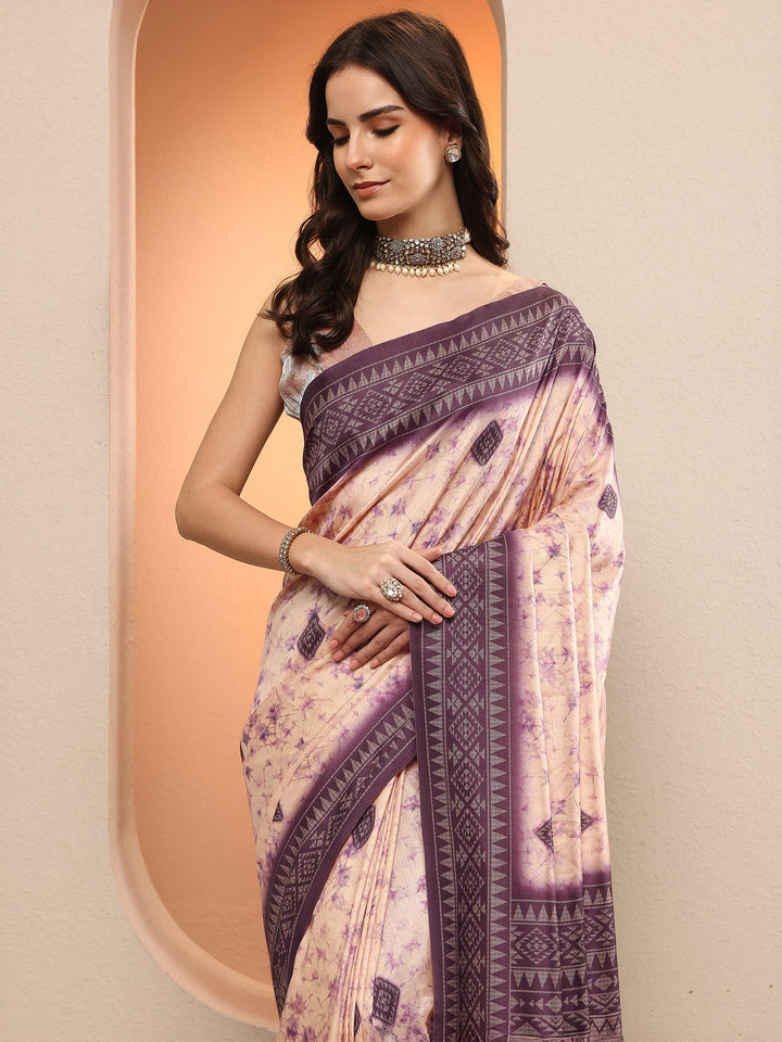 Purple Printed Silk Blend Sarees With Unstitched Blouse Piece