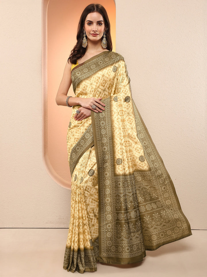 Mustard Printed Silk Blend Sarees With Unstitched Blouse Piece