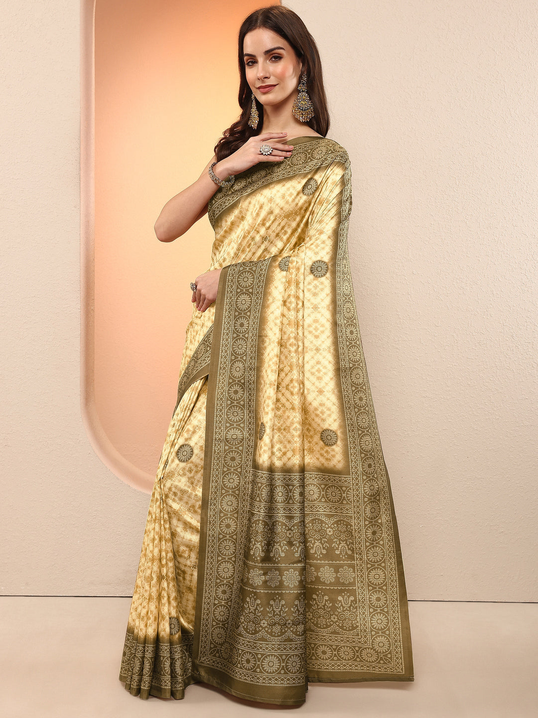 Mustard Printed Silk Blend Sarees With Unstitched Blouse Piece