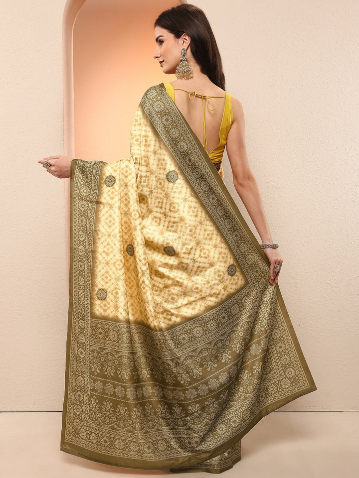 Mustard Printed Silk Blend Sarees With Unstitched Blouse Piece