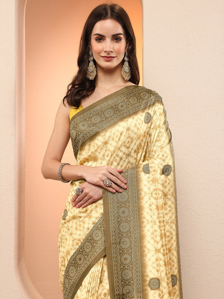 Mustard Printed Silk Blend Sarees With Unstitched Blouse Piece