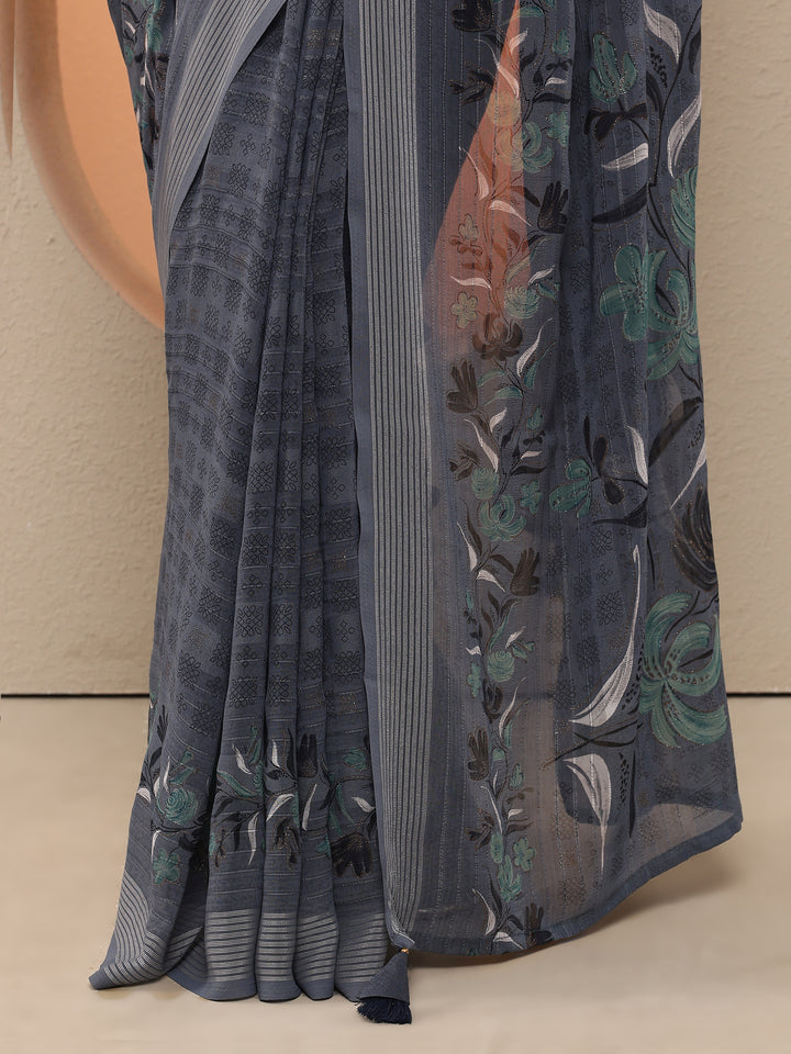 Grey Printed Georgette Saree With Unstitched Blouse Piece