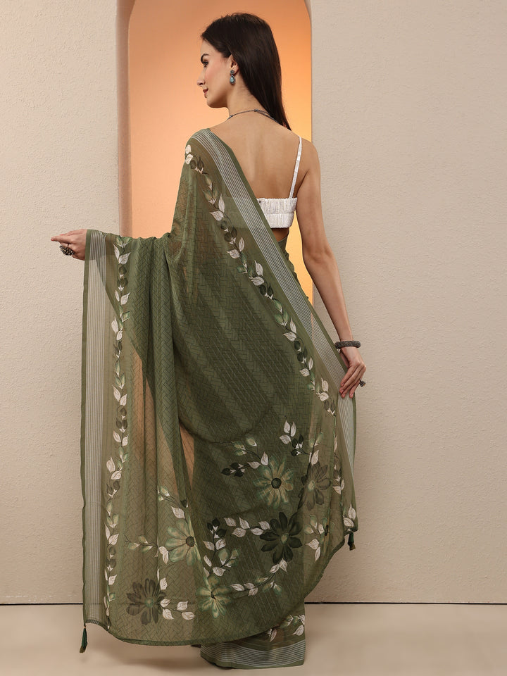 Green Tribal Printed Georgette Saree With Unstitched Blouse Piece