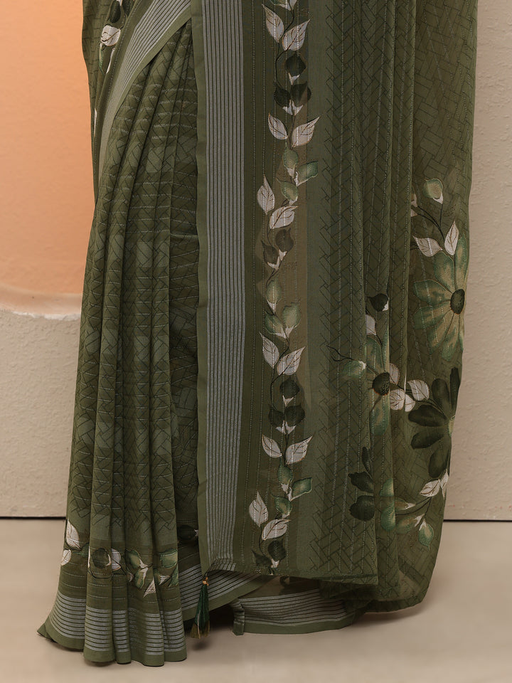 Green Tribal Printed Georgette Saree With Unstitched Blouse Piece